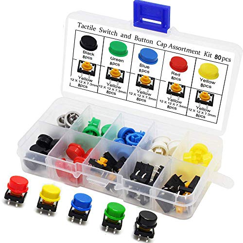 RUNCCI-YUN Momentary Tactile Push Button, 12 x 12 x 7,3 mm, Micro Momentary Drucktastenschalter, 4 Pin Mikroschalter, oberflächenmontierte Schaltplatte， mit Kappe für Arduino, 80 Stück