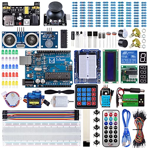 Miuzei Starter Kit für Arduino R3 Projekte mit Mikrocontroller, deutschem Tutorial, Elektronik Modul Set, Plug-in Board, 9V Batterie, Servo, Sensoren und Zubehör (mehr als 230 Teile), MA13 Set