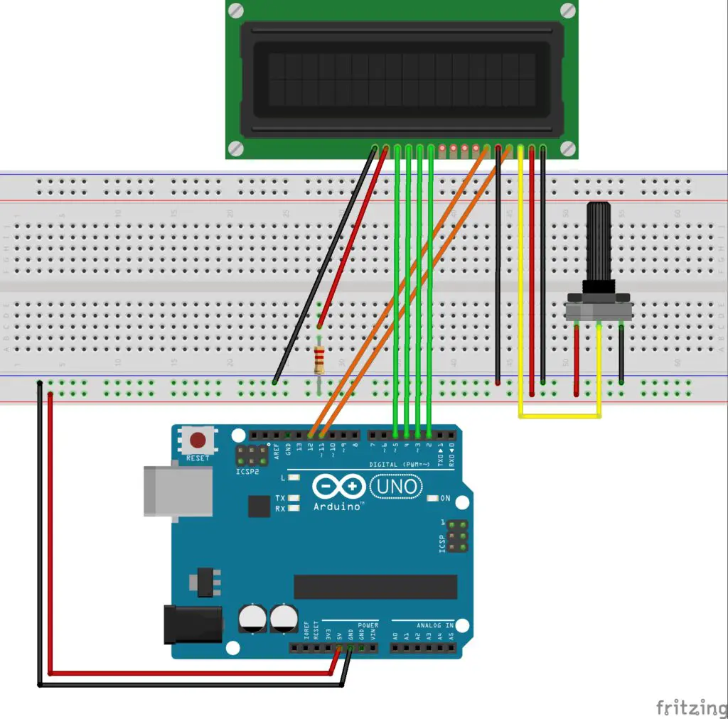 Schematische Darstellung eines LCD-Displays an einem Arduino Uno