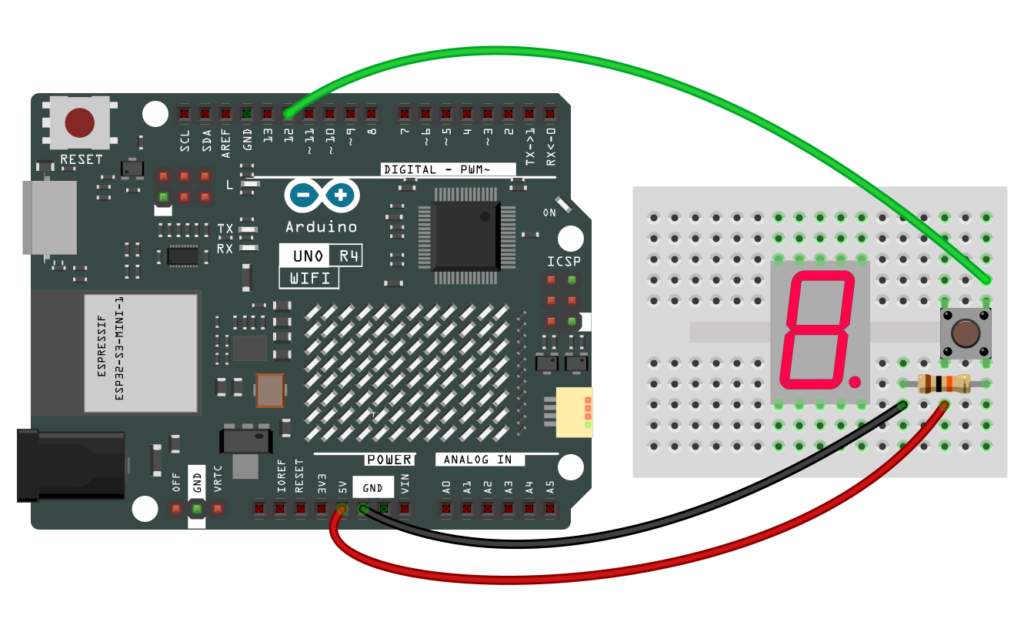 Ein 7-Segment-Display und ein Button am Arduino UNO. Der fertige elektronische Würfel.