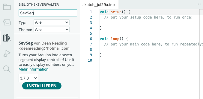 Die SevSeg Bibliothek im Arduino IDE Bibliotheksmanager