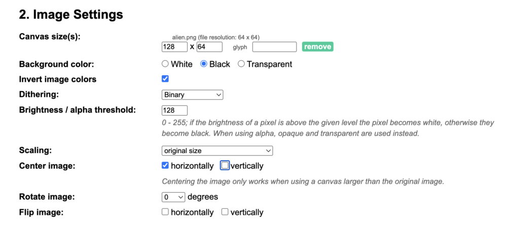Einstellungen für das Icon im Tool image2cpp