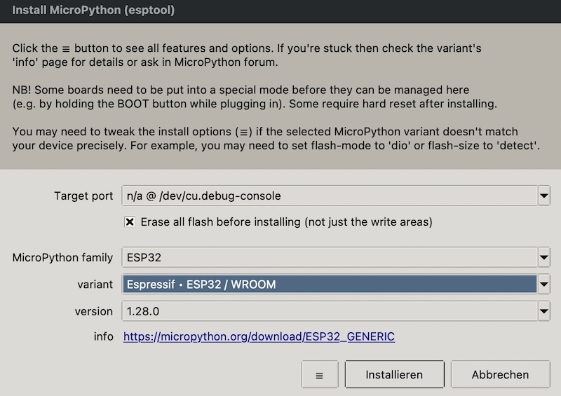 MicroPython Firmware in der Thonny IDE auf den ESP32 flashen