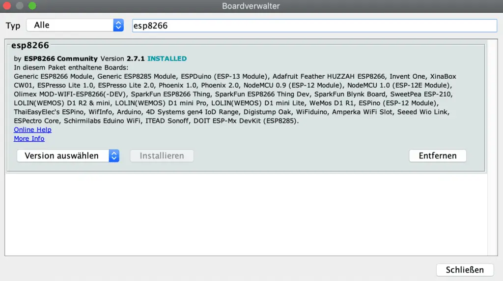 Das Paket für dein ESP8266 installieren