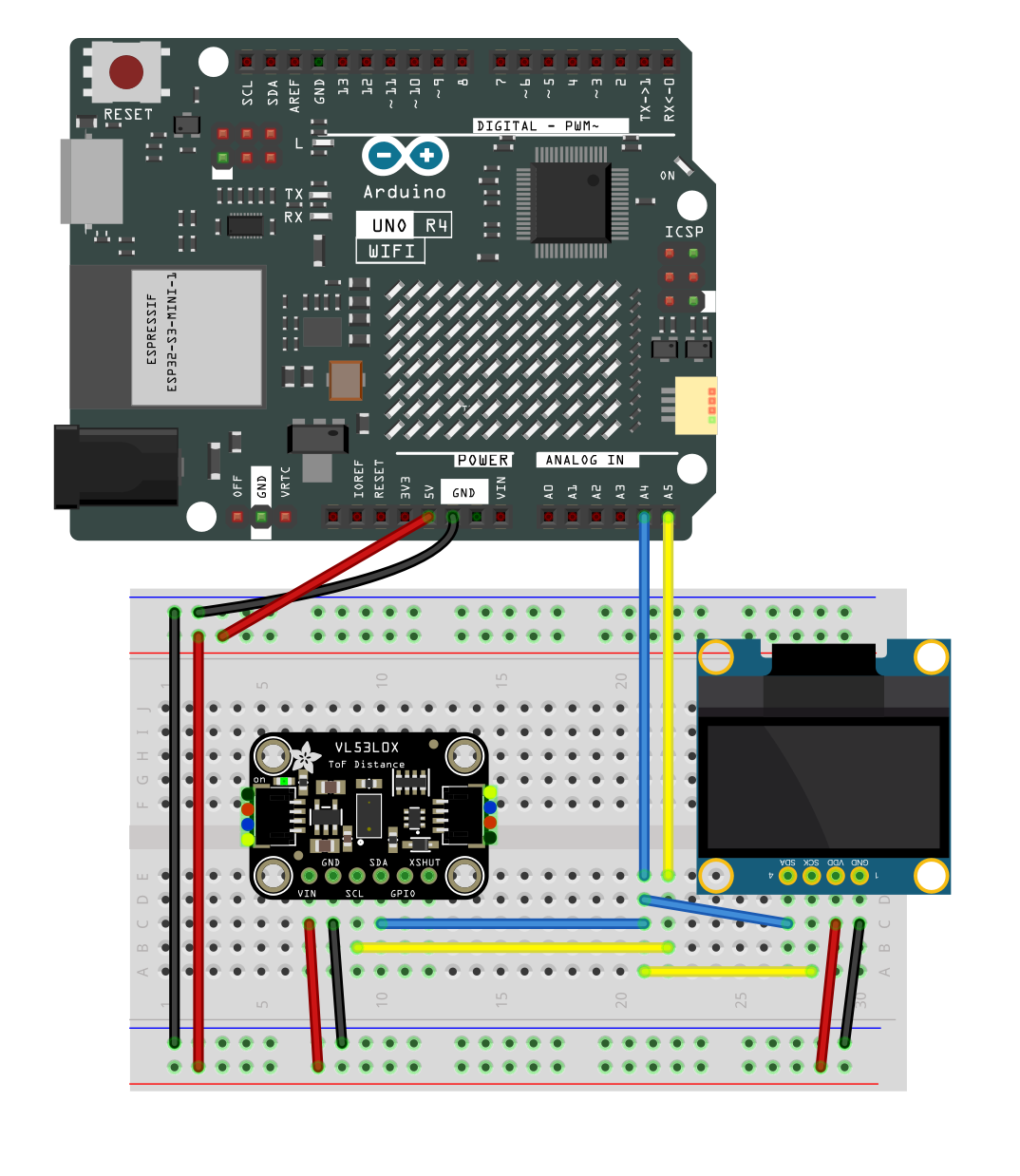 VL53L0X und OLED-Display am Arduino UNO angeschlossen