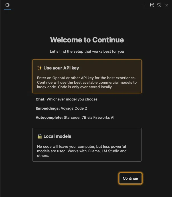 Continue Einstellungen API Key
