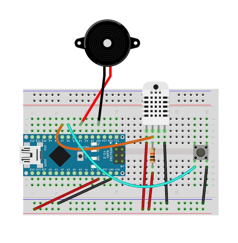 Aufbau des Projekts Zimmer lüften mit dem Arduino Nano, DHT22, Piezo Buzzer und einem Button
