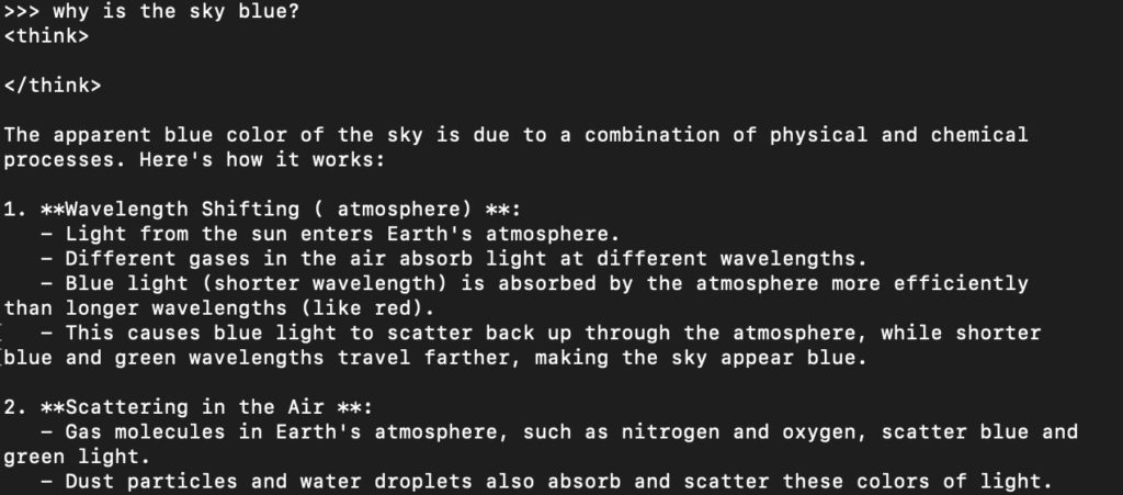 Antwort von Deepseek auf die Frage "Why is the Sky blue?"