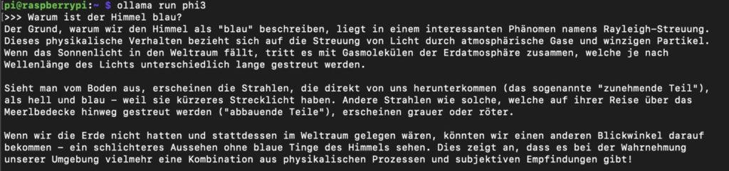 Antwort von Phi-3 auf die Frage "Warum ist der Himmel blau?"