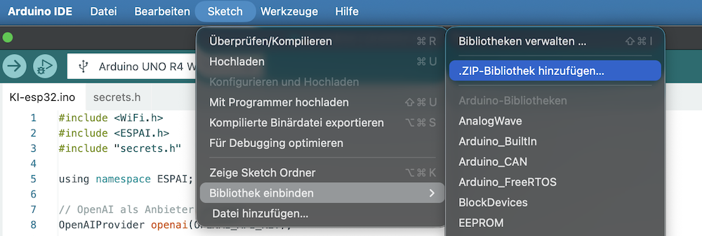 Bibliothek ESPAI als ZIP im Sketch hinzufügen